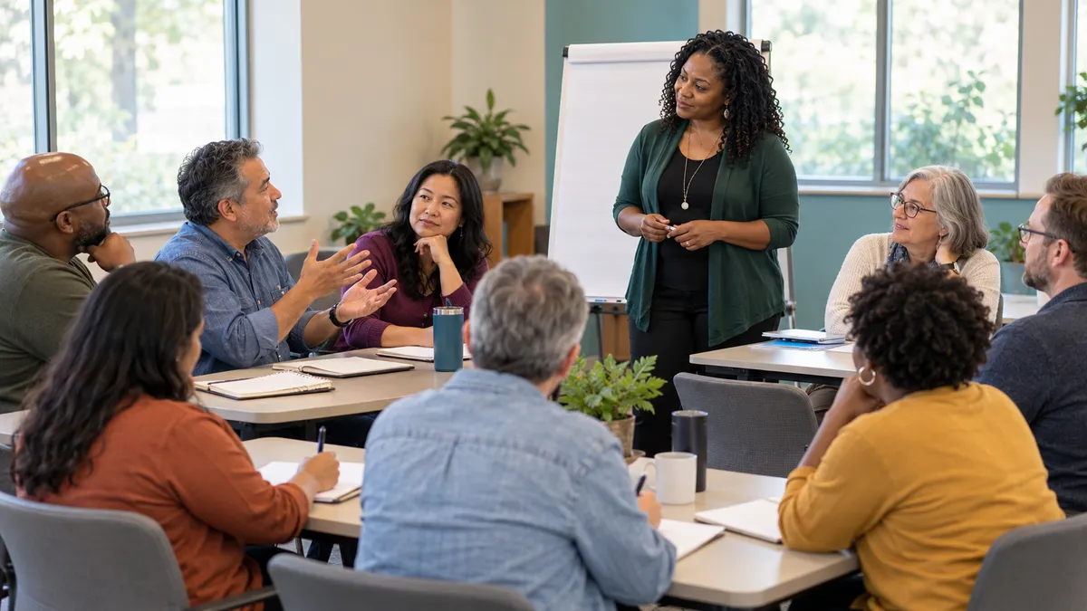A facilitator leading an inclusive leadership workshop around a table