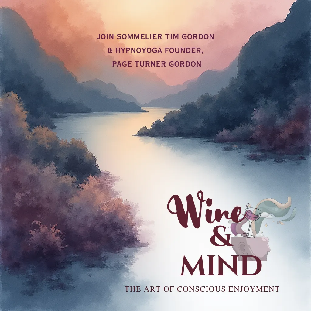 Luxury lounge mindfulness and wine pairing scene with warm lighting and wine glasses