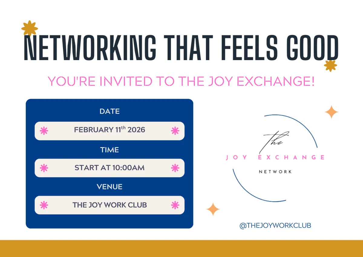 Date, place and time card for the online networking The Joy Exchange