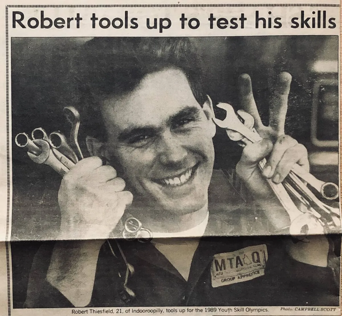 Newspaper clipping from The Sun, 15 August 1989: Rob Thiesfield, 21, holding spanners before the Youth Skill Olympics in Birmingham