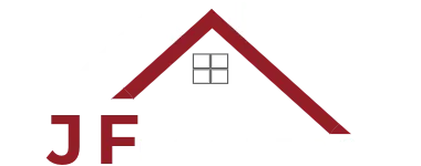 White JF Roofers logo with a clean, minimalist design featuring a stylised roof, ideal for use on dark backgrounds.