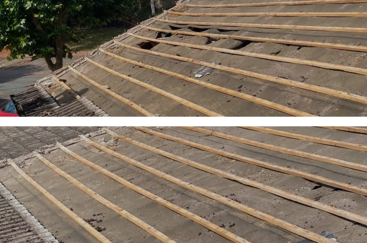 Before and after images of an emergency roofing repair, showing a leak in the roof that was expertly fixed by JF Roofers, ensuring a long-lasting and durable solution to prevent future water damage.