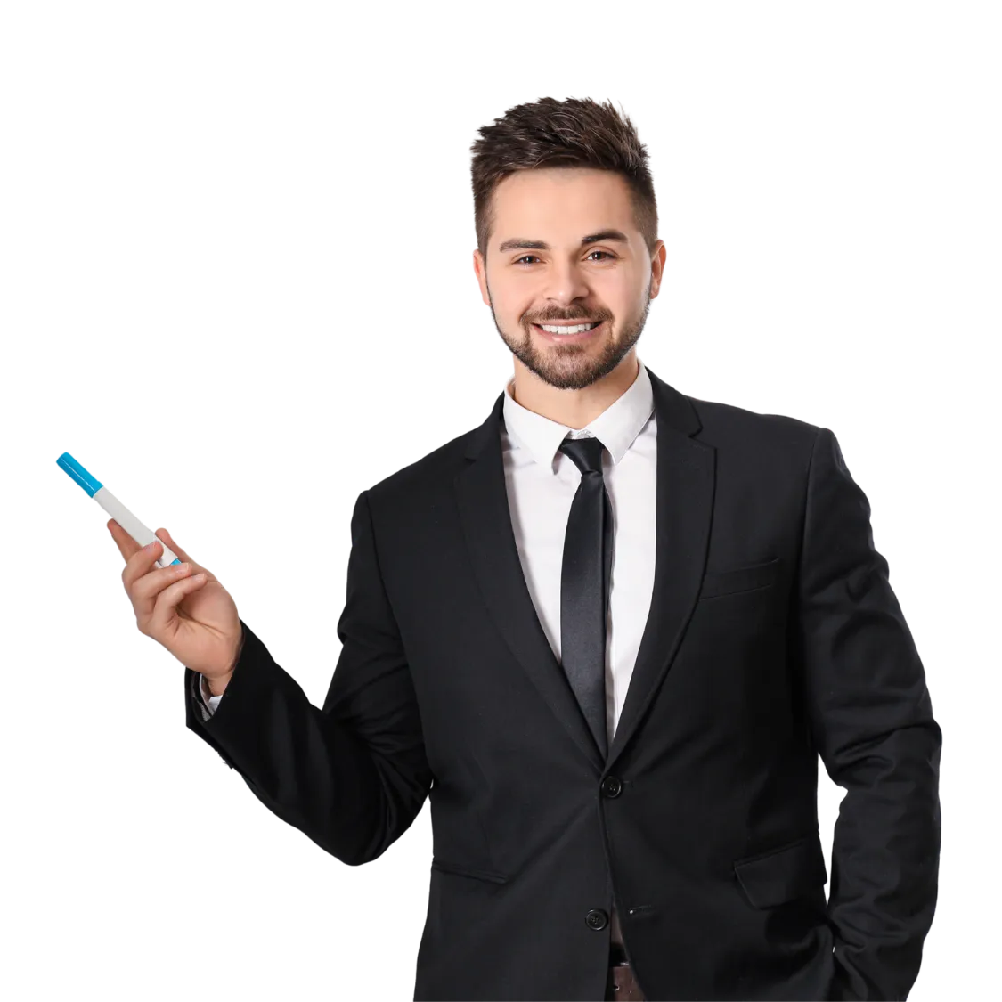 Senior consultant in warm neutral suit, confident stance, studio lighting, transparent background.