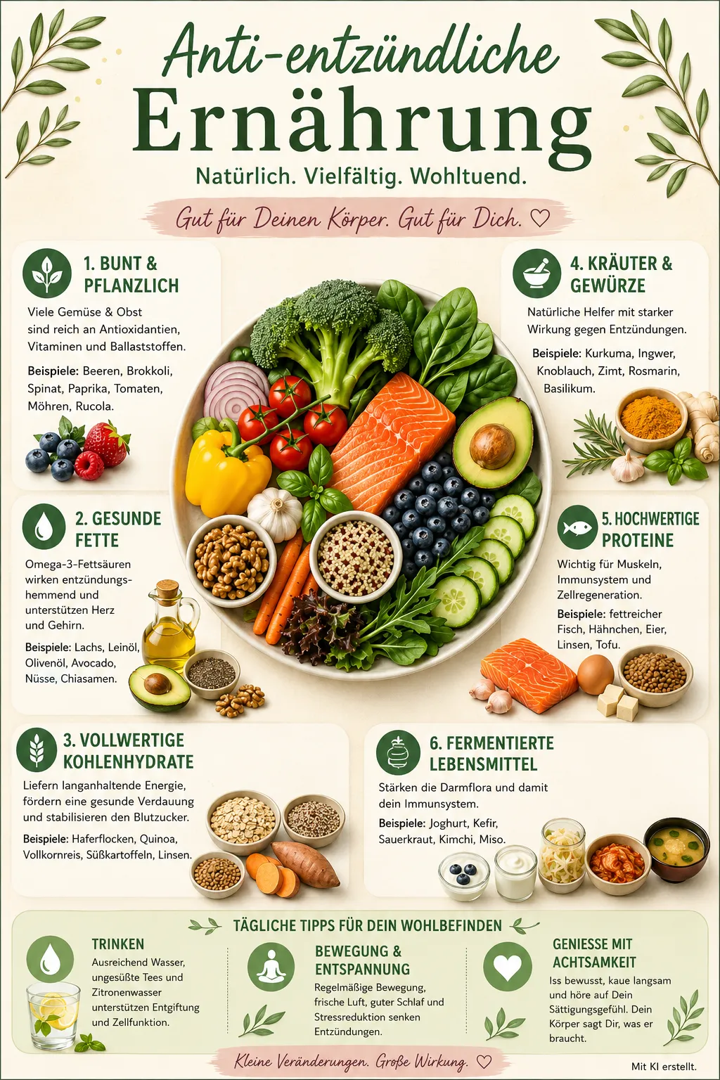 Infografik mit farbenfrohem Gemüse, Fisch und Ölen zur anti-entzündlichen Ernährung bei Lipödem