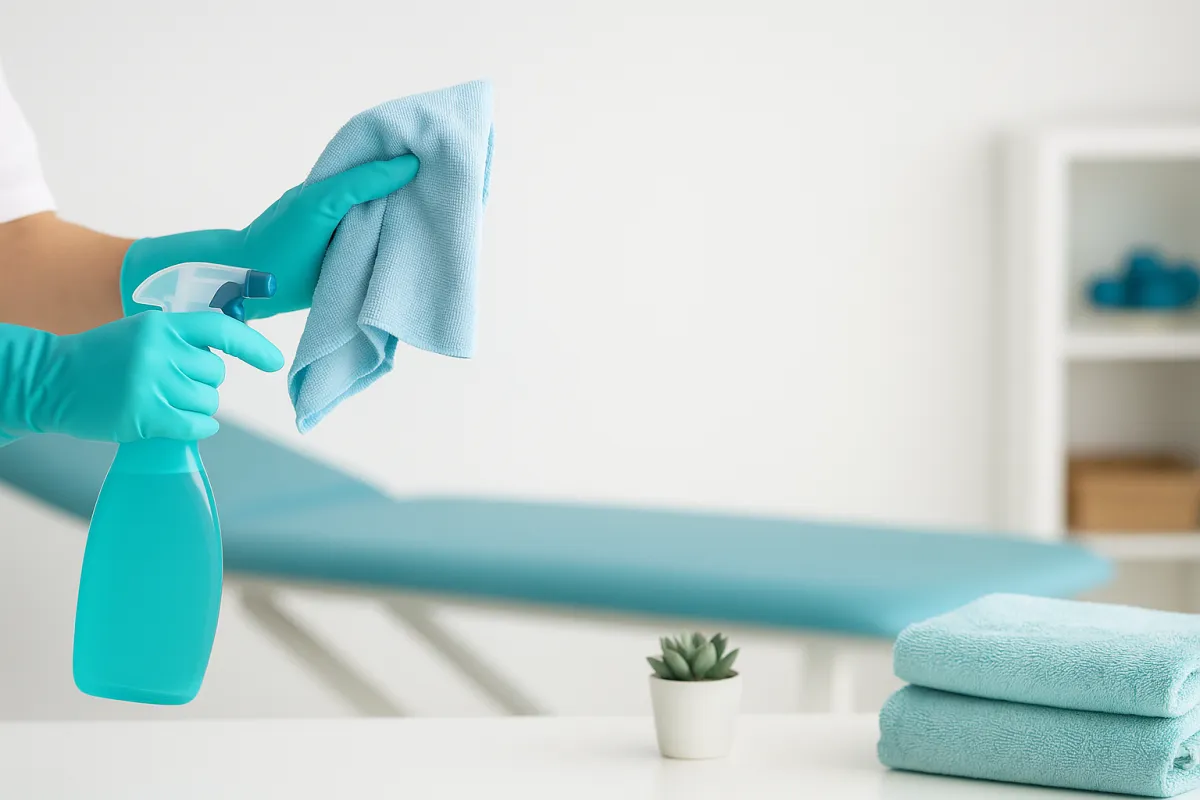 blauwe handschoen om schoon te maken