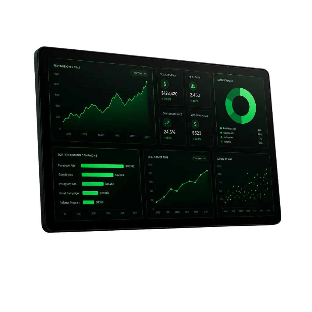 Atmospheric high-end dashboard interface showcasing data and growth metrics