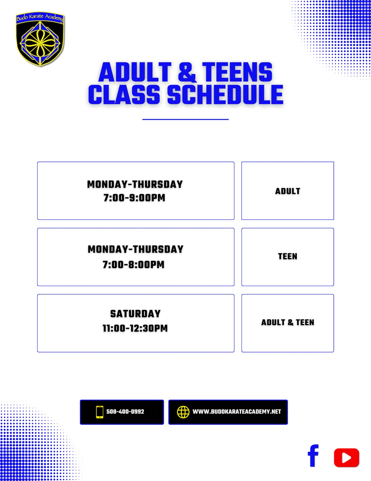 Budo Karate Academy Adult & Teen Schedule