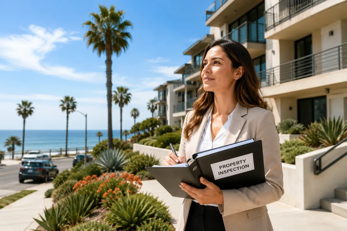 Coastal property inspection in bright daylight