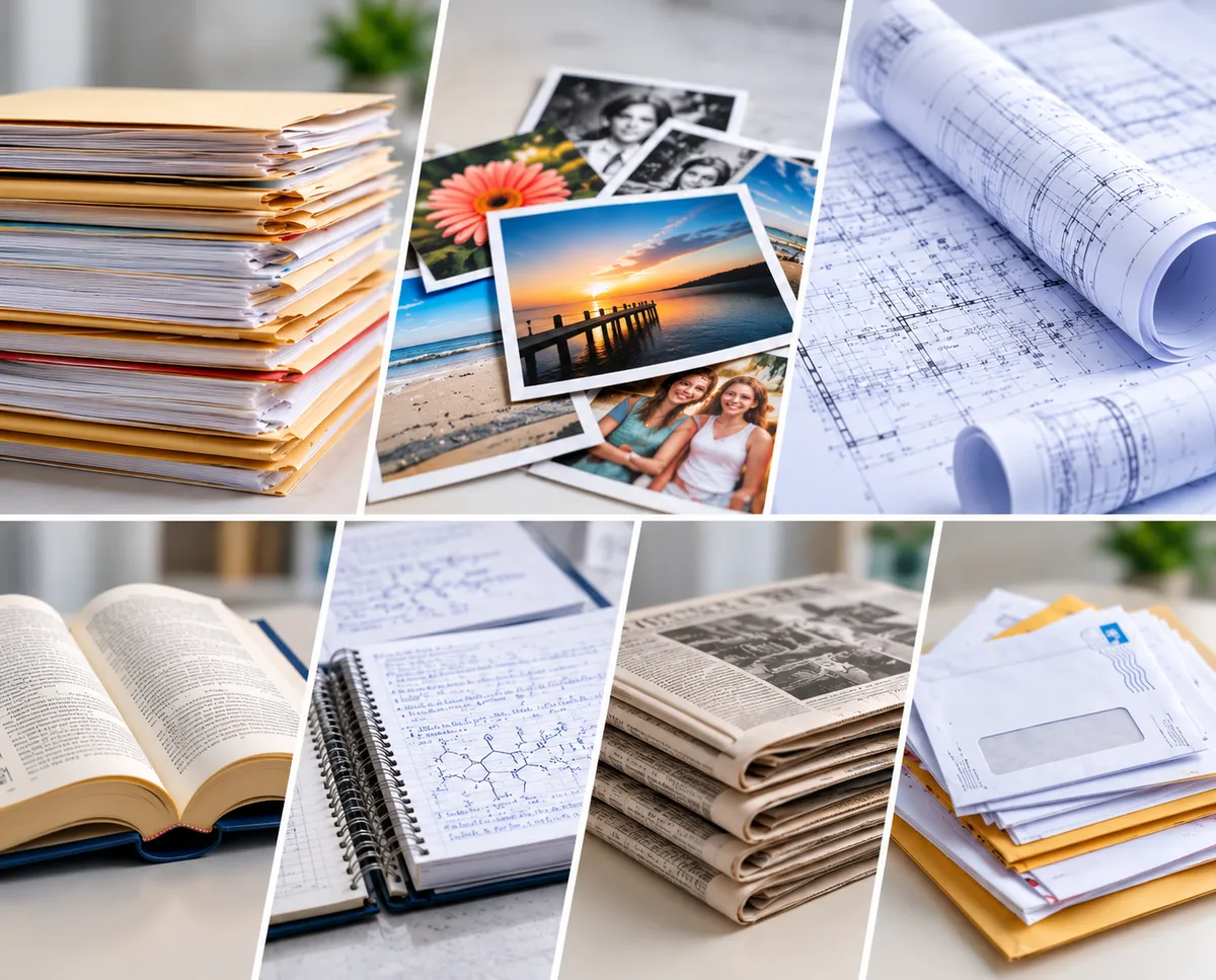 Document scanning and digitization services in San Diego featuring office records, photographs, blueprints, books, laboratory notebooks, newspapers, and mail.