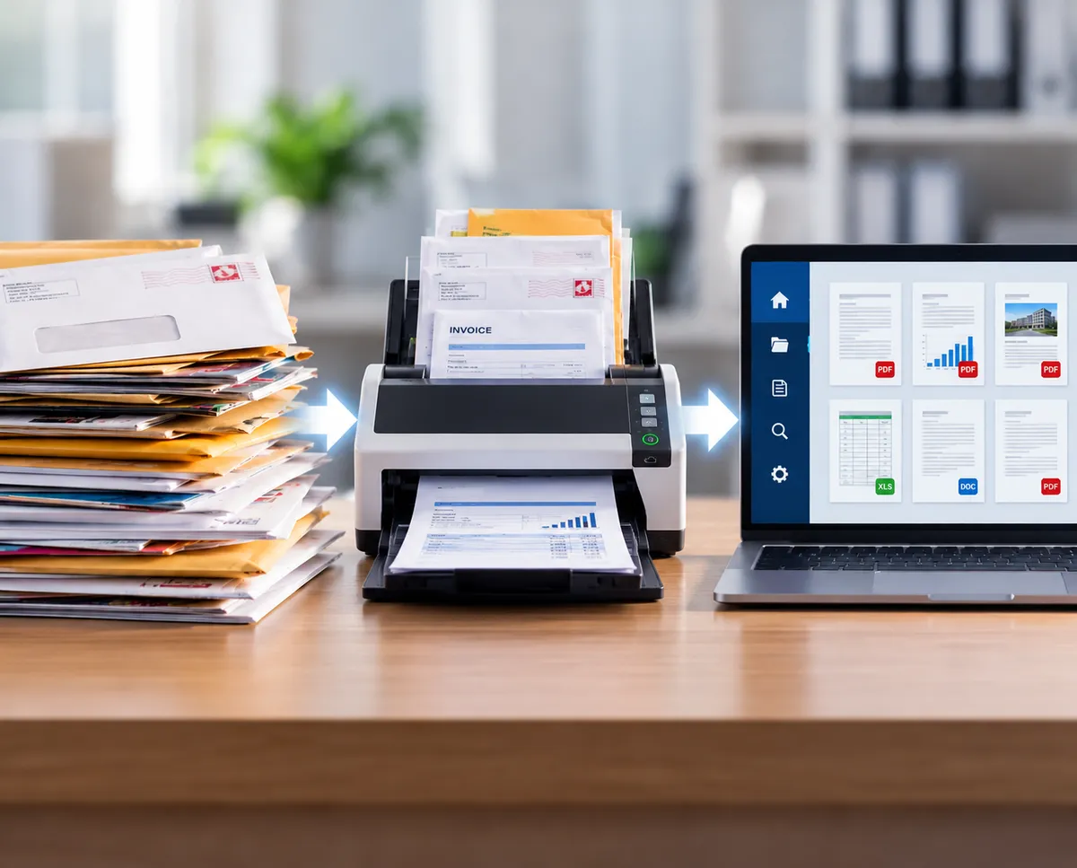 Secure business mail scanning and digital mailroom services in San Diego, showing incoming mail converted into organized electronic documents using a scanner and digital document management system.