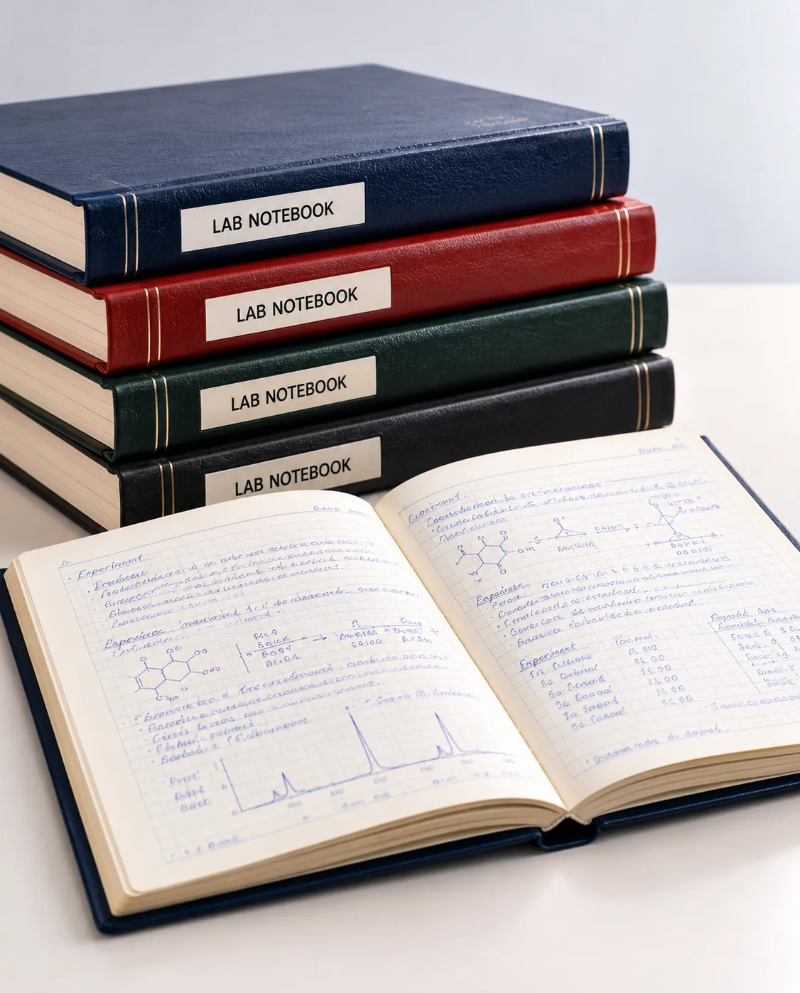 Stack of bound laboratory notebooks with an open research notebook displaying handwritten scientific notes, diagrams, and experimental data.