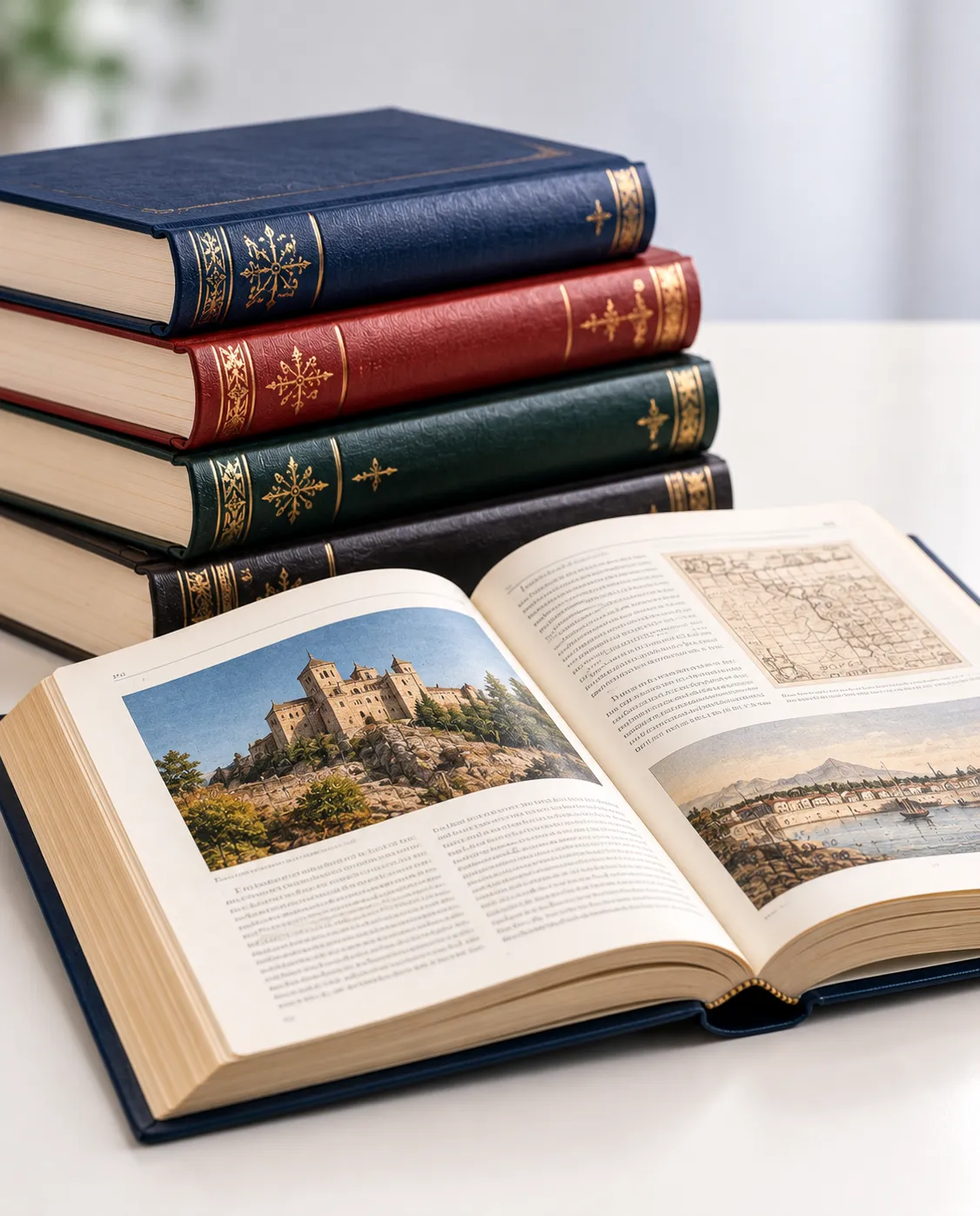 Stack of hardcover books with an open illustrated historical volume displaying printed text, photographs, and archival illustrations.