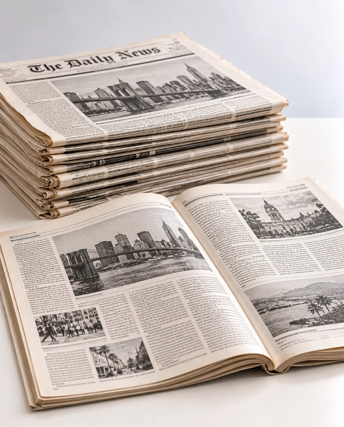 Stack of historical newspapers with an open newspaper displaying vintage photographs, printed articles, and original page layouts.