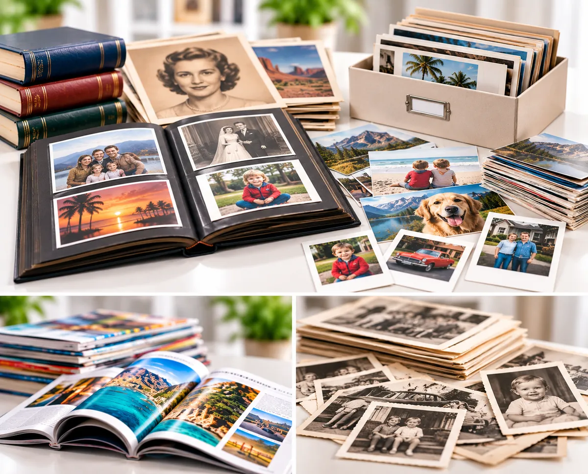 Collection of vintage family photographs, 5x7 prints, Polaroids, historical portraits, and photo albums representing photo scanning and digitization services in San Diego.