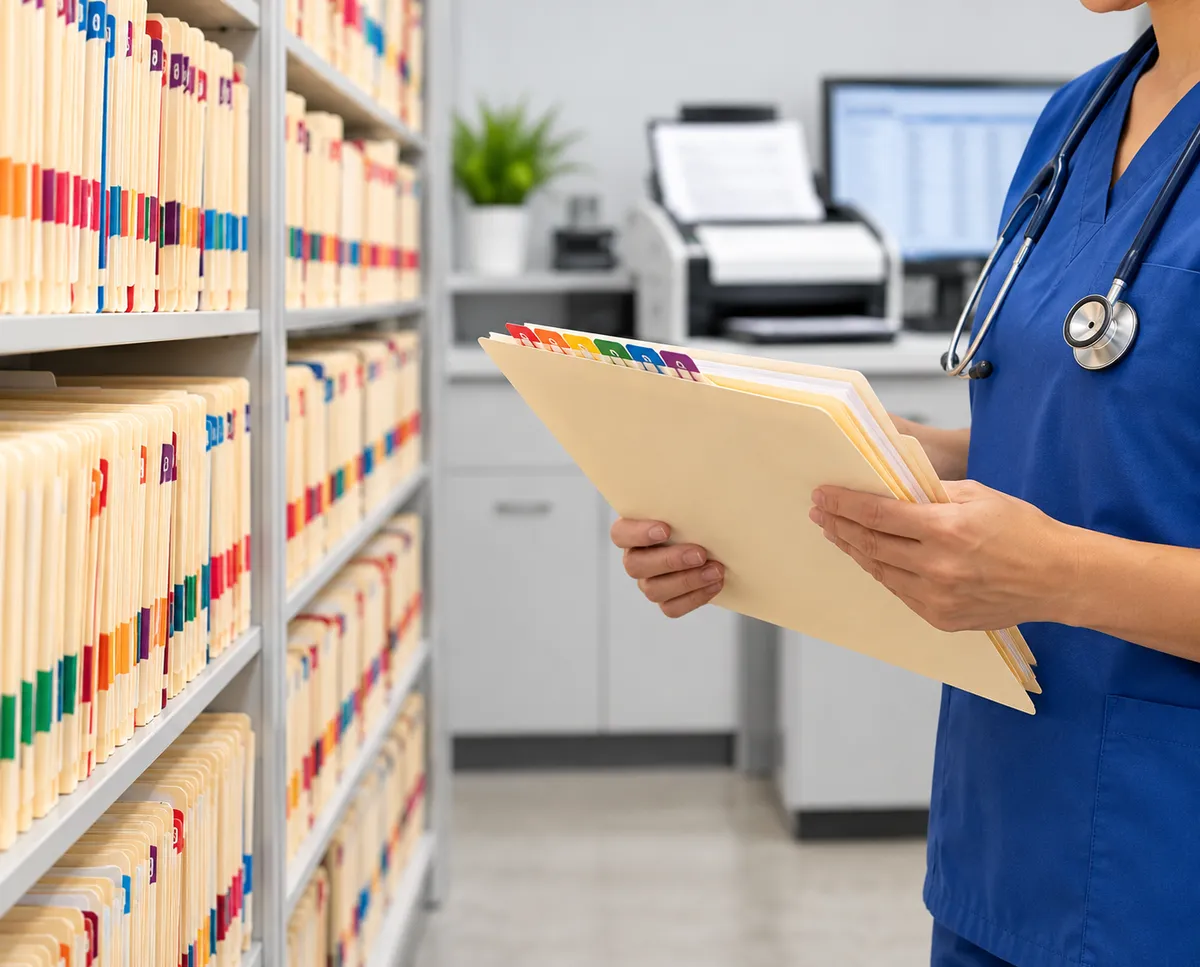 Healthcare professional holding patient charts beside organized medical records, illustrating secure medical records scanning services in San Diego.