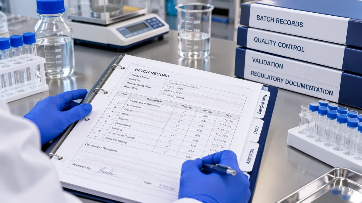 Pharmaceutical batch records, quality control documents, and validation paperwork