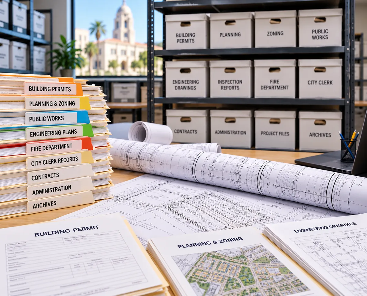 Organized archival document file boxes in secure USA IMAGING San Diego conversion facility