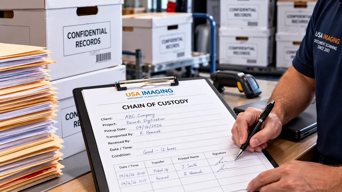 USA IMAGING chain-of-custody documentation for secure pickup, transportation, and scanning of confidential records in San Diego. Copy alt text