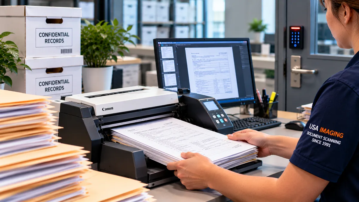 Confidential records stored in a restricted-access document scanning facility serving San Diego County. Copy alt text