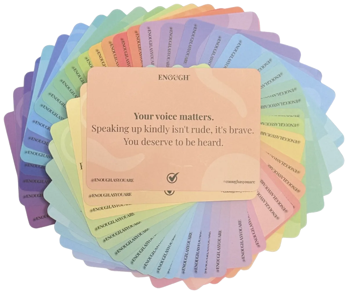ENOUGH AS YOU ARE real-talk affirmation cards for teens, 52 cards fanned out