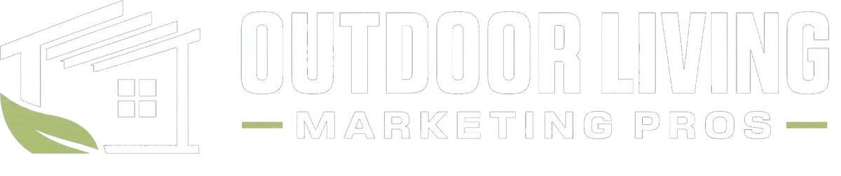 Square lime green logo mark with 'O L' separated by a vertical line, next to white sans-serif text 'Outdoor Living MARKETING PROS'