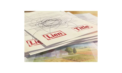 Tangled liens and title issues over rural land, symbolizing complex property problems turning into clear, confident solutions for landowners.