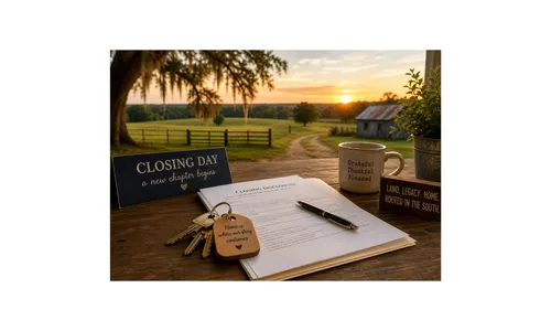Closing day at a peaceful country property, symbolizing stress-free land sales and a fresh start for Texas and Arkansas owners