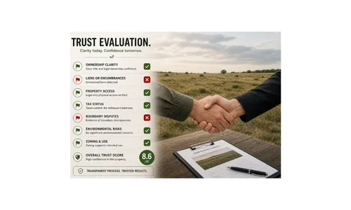 Handshake over open land with a clear trust checklist, symbolizing safe land sale decisions and spotting honest, transparent land buyers