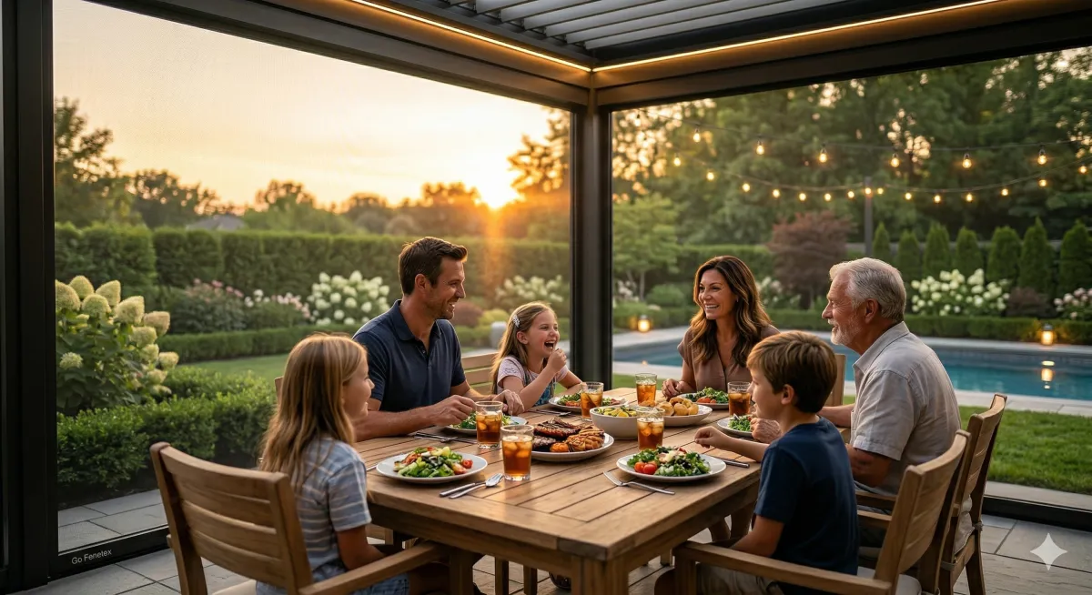 Family of six enjoying dinner under a Go Fenetex pergola with motorized screens at sunset, with string lights, a lush backyard, and a swimming pool in the background