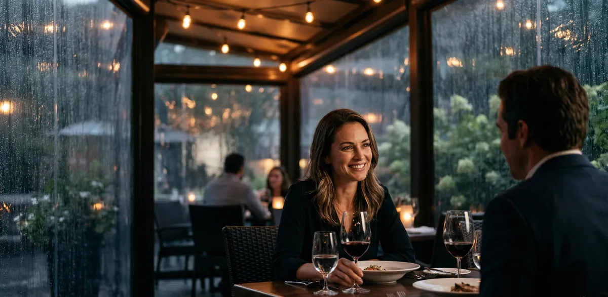 Couple dining at an upscale restaurant patio enclosed by Go Fenetex clear vinyl screens during a rainstorm, with warm ambient lighting and wine glasses on the table