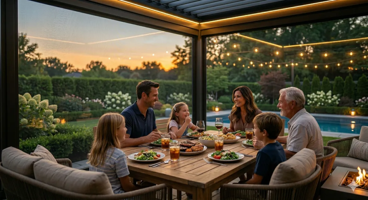 Family of six gathered around a dinner table under a Go Fenetex pergola with louvered roof and motorized screens at twilight, with string lights, a pool, and a fire pit in the backyard