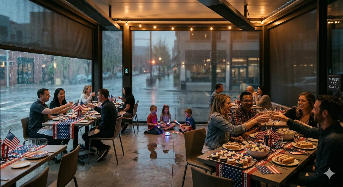 Fourth of July celebration inside a commercial venue enclosed by Go Fenetex motorized screens during a rainstorm, with patriotic table decorations, American flags, and guests toasting at long tables
