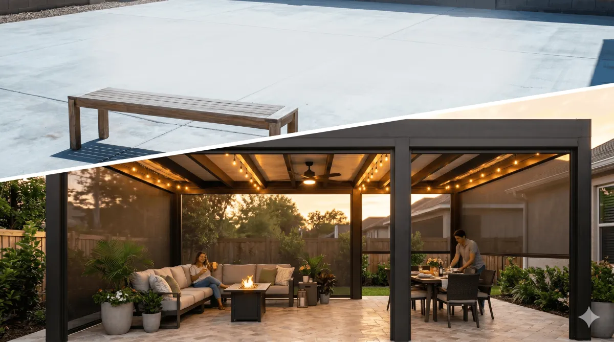 Go Fenetex motorized screens installed on a modern patio pergola at sunset, with mesh screens partially lowered beside outdoor lounge furniture on stamped concrete pavers