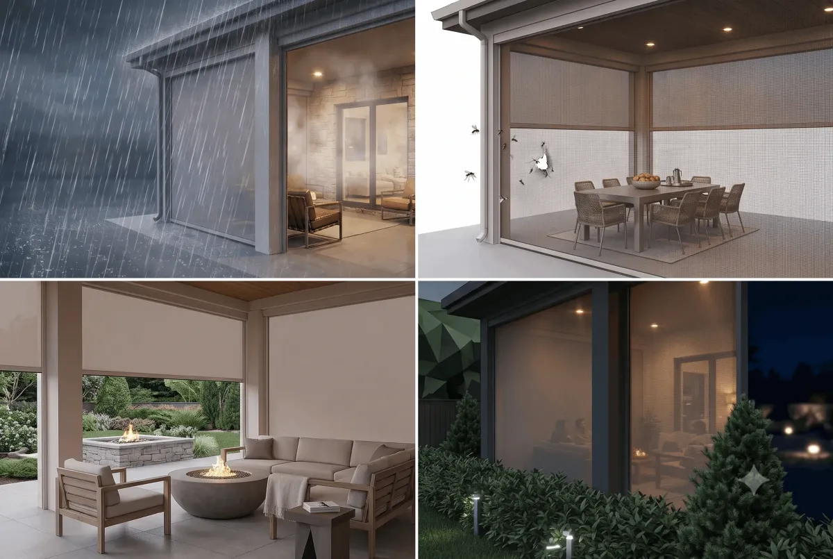 Family of four dining by candlelight under a Go Fenetex pergola with louvered roof and motorized screens fully lowered during a heavy rainstorm, with insects visible on the screen exterior and tropical landscaping beyond
