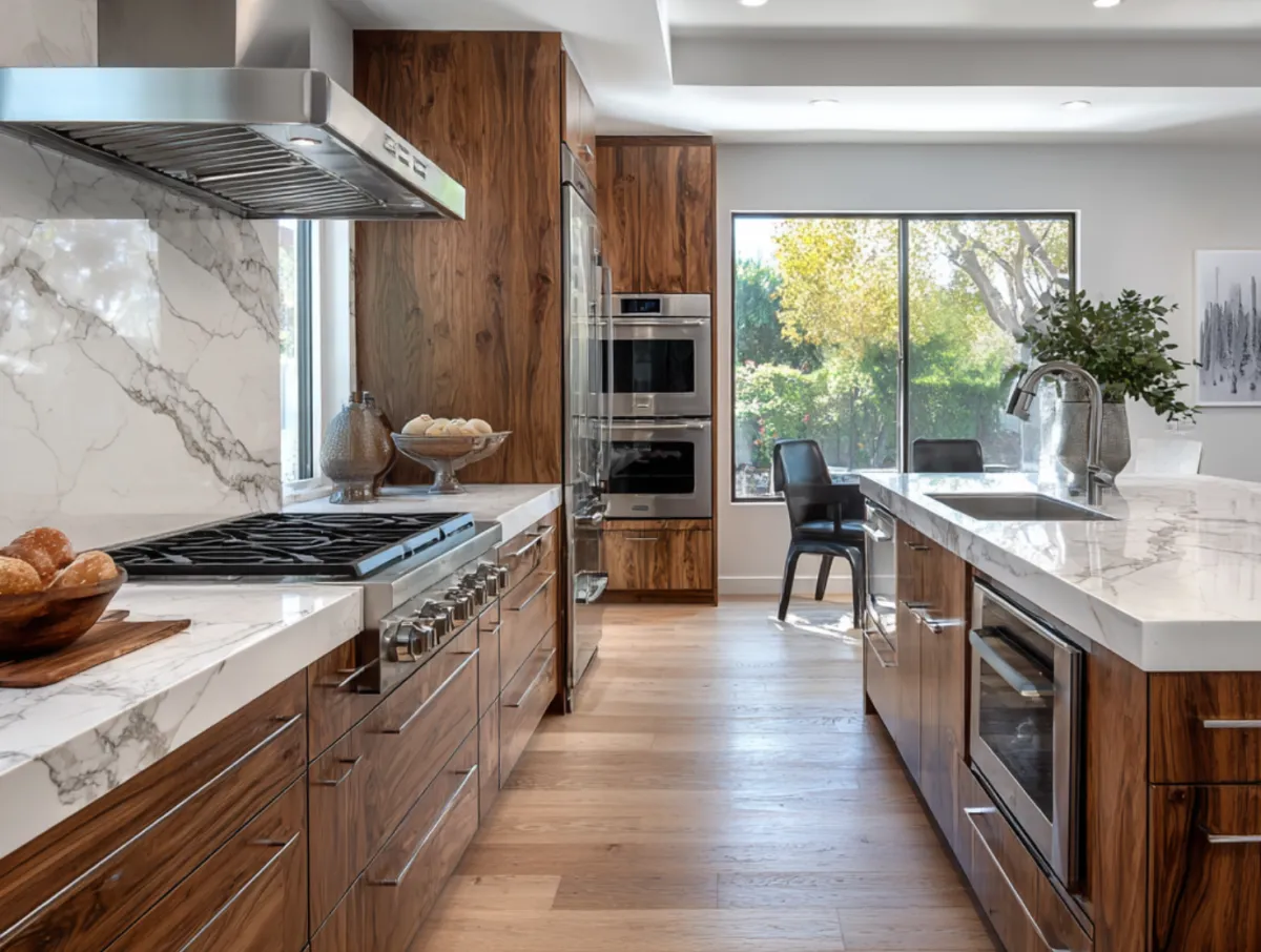 Professional handyman repairing kitchen cabinet in modern white kitchen providing expert home repair and maintenance services for homeowners in North Carolina