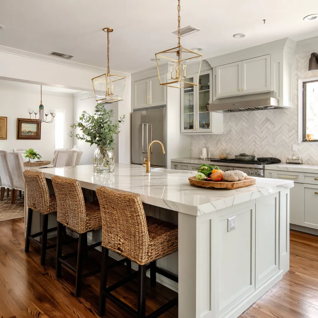 Contemporary kitchen remodel featuring white cabinetry subway tile backsplash granite island and stainless steel appliances for a stylish functional space