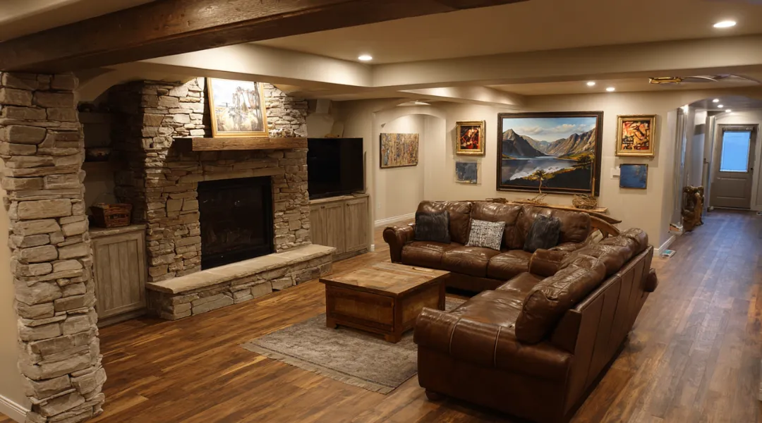 Modern living room remodel featuring stone fireplace, neutral sectional sofa, accent chairs, and large sliding glass doors leading to a landscaped backyard
