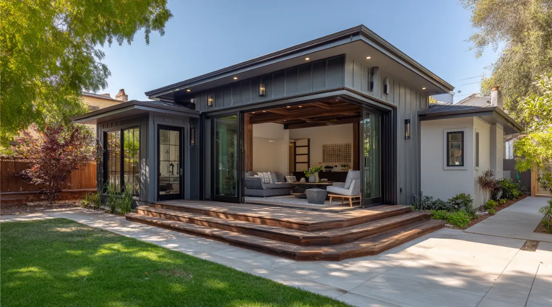 Modern living room remodel featuring stone fireplace, neutral sectional sofa, accent chairs, and large sliding glass doors leading to a landscaped backyard