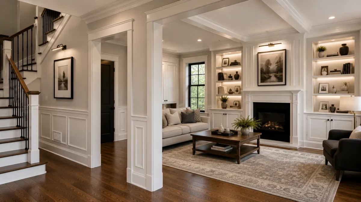 Modern living room remodel featuring stone fireplace, neutral sectional sofa, accent chairs, and large sliding glass doors leading to a landscaped backyard