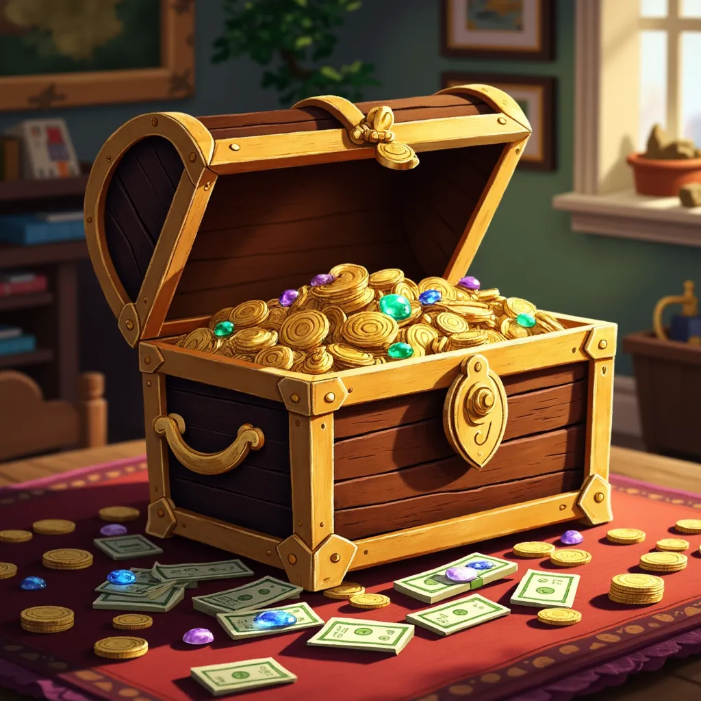 Playful 3D stack of pastel coins with a small robot hand holding a paper tag