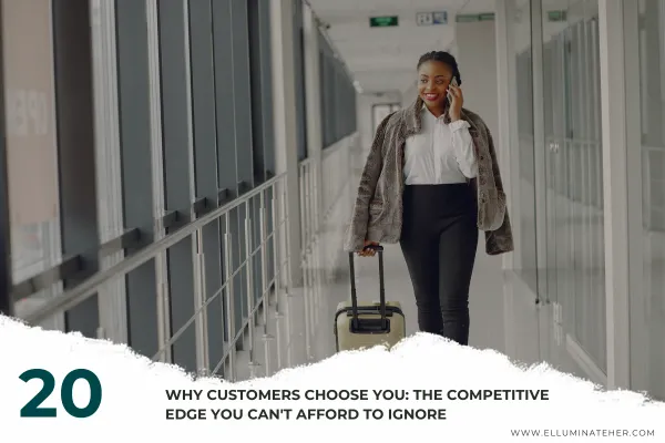 Businesswoman traveling for work, representing competitive edge in business and why customers choose one business over another.