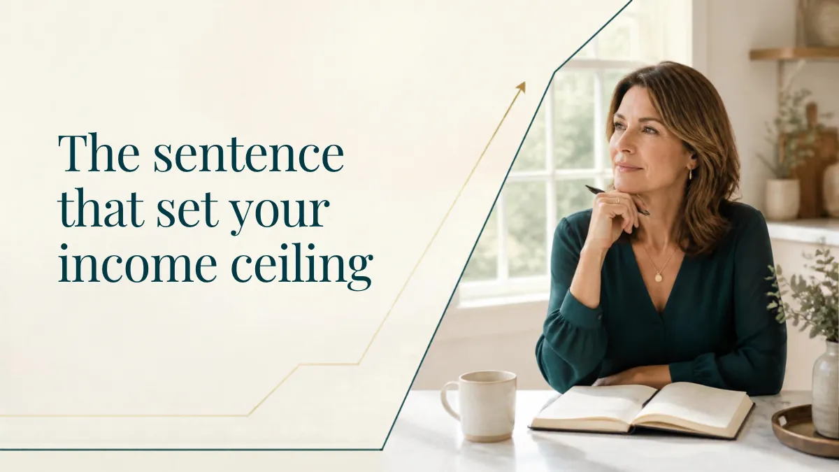 Woman at a kitchen table reflecting, beside the headline The sentence that set your income ceiling