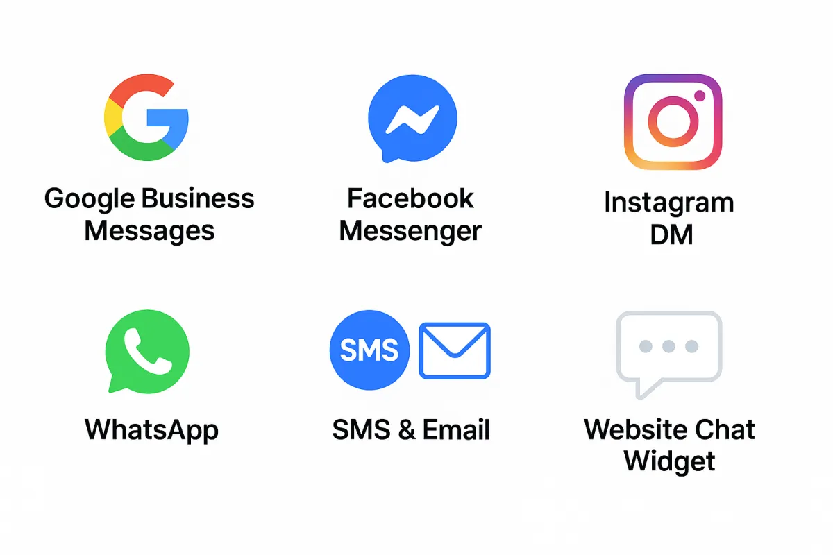 Icons for social media, sms, email, and website chat widget.
