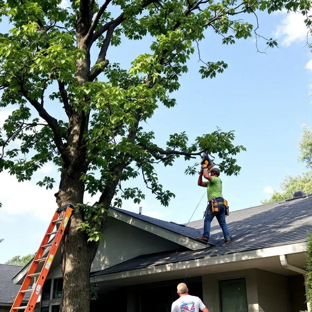 Man trimming tree limb over a housee