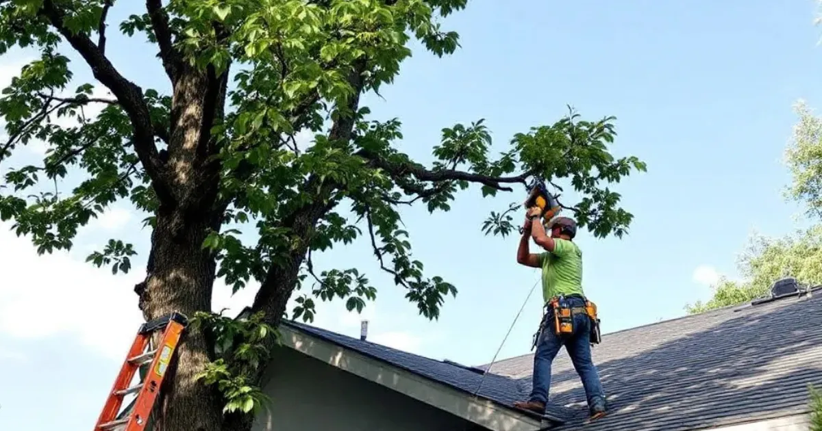 man Trimming tree over home