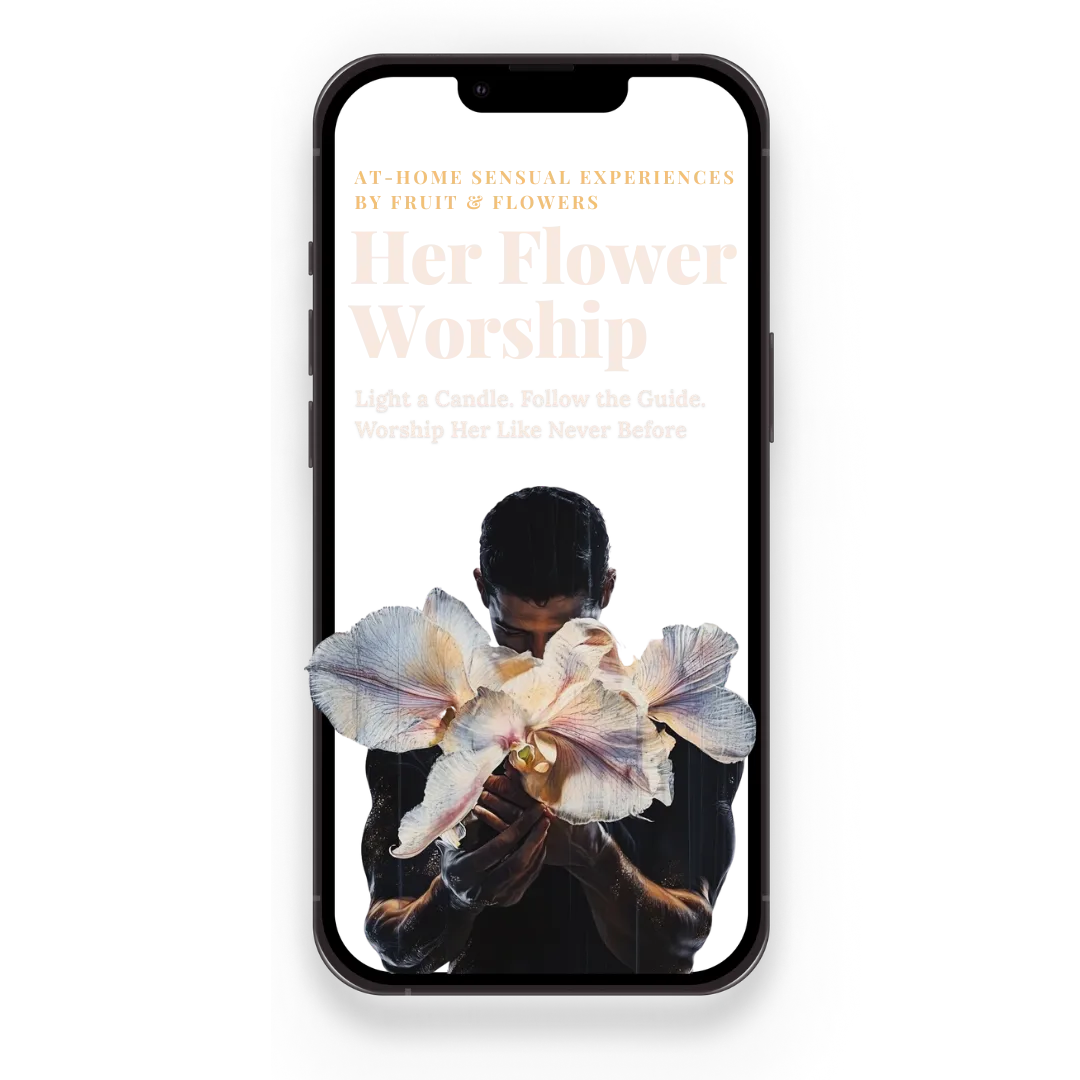 Her Flower Worship Complete Experience sacred intimacy course cover featuring couple in intimate embrace with white lilies - comprehensive tantric education for conscious lovers