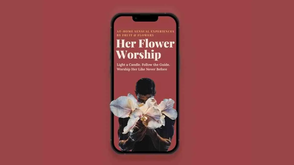 Mockup of Her Flower Worship guide on phone screen, surrounded by soft orchid petals