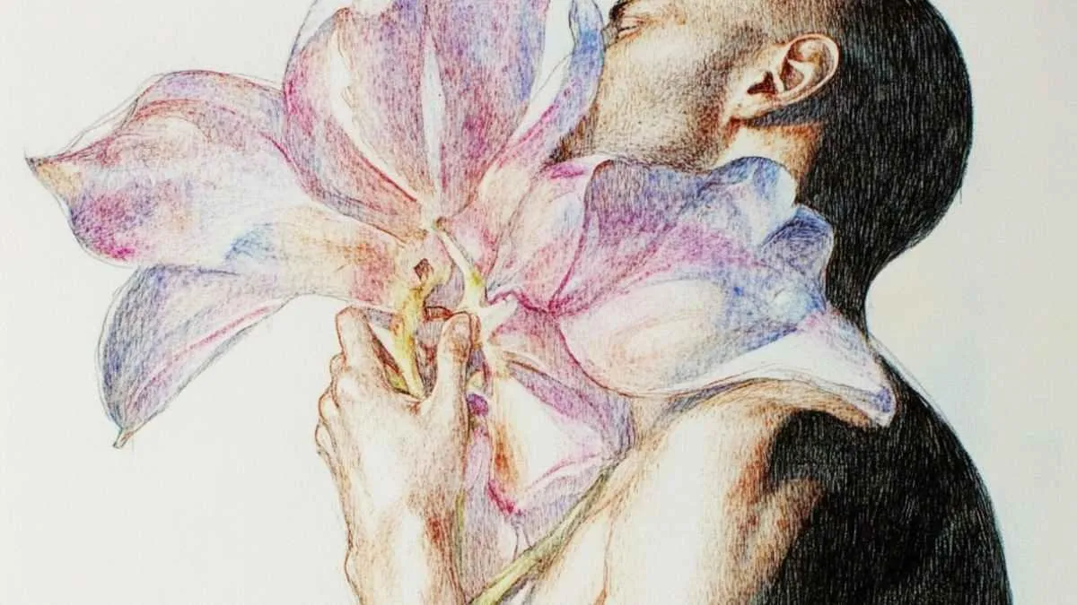 Illustration of a woman kissing a large flower, symbolizing the origin of Fruit and Flowers intimacy project