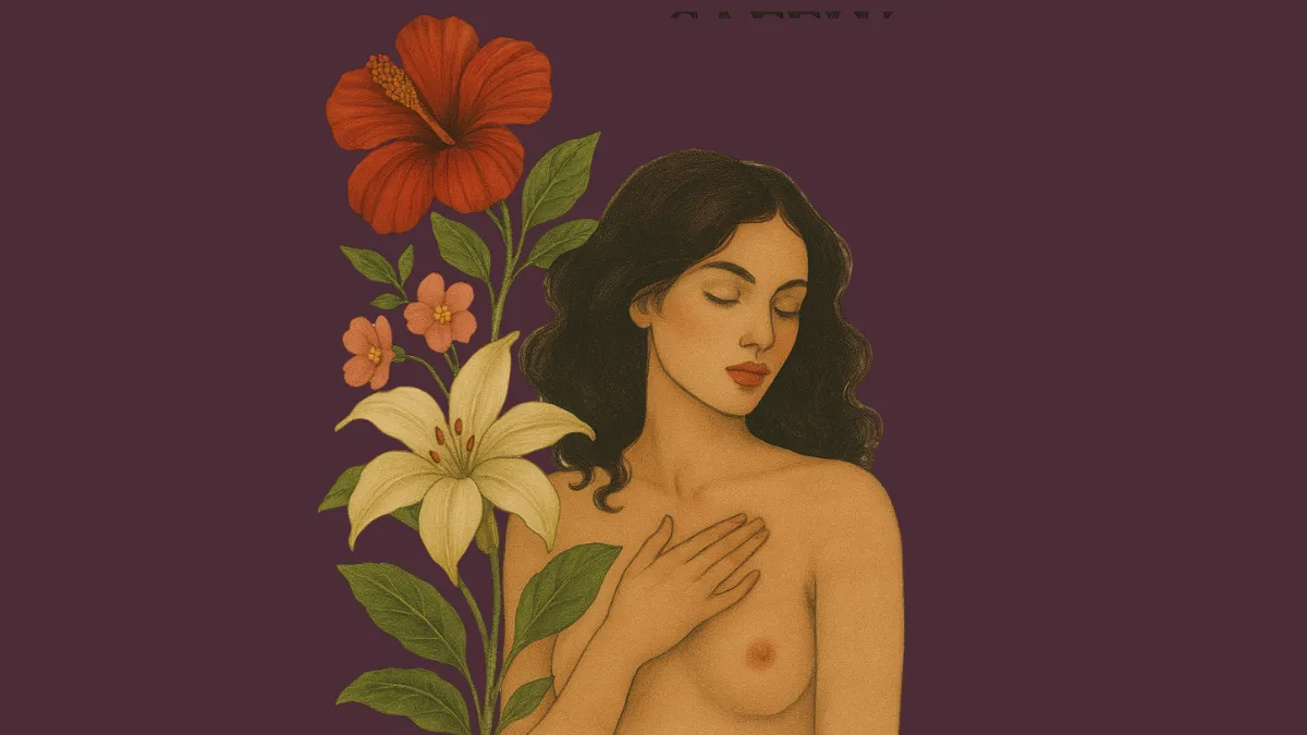 Stylized illustration of a nude woman surrounded by blooming flowers, representing the gentle, sacred tone of fantasy exploration in Her Secret Garden, a Fruit & Flowers and Juicy Times collaboration.