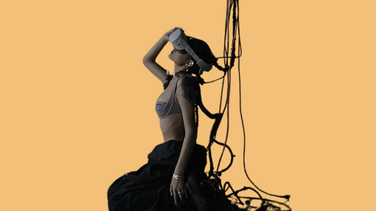 Surreal image of a woman wrapped in black cables, evoking themes of modern erotic exploration and digital intimacy from Her Secret Garden, part of The Juicy Times collection by Fruit & Flowers.